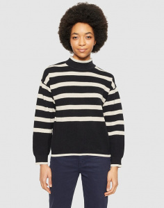 Cotton Micro Bubble Stripe Crew Neck - schwarz weiß